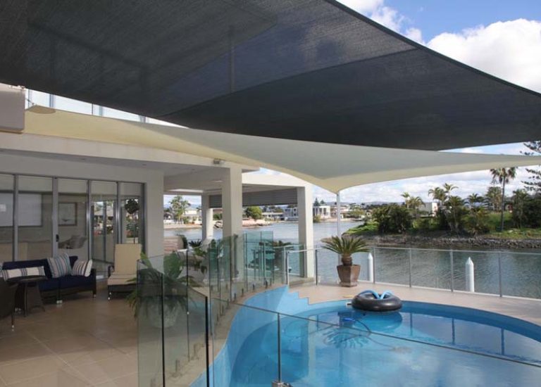 shade sails over swimming pool areas to extend usibility